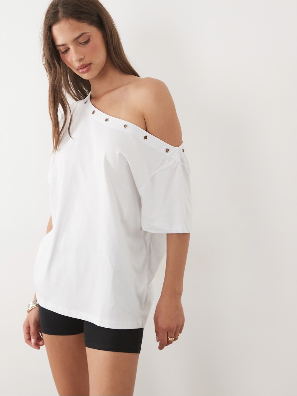 ASOS DESIGN off the shoulder top with grommet detailing in white